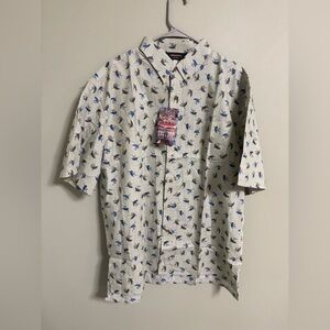 Redington Fly Fishing Shirt Size Large All Over Print Short Sleeve Button New